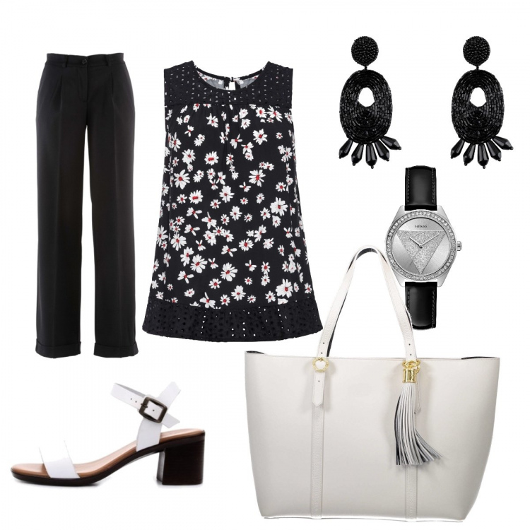 Outfit donna - Blusa con le margherite. Stile Basic per Tutti i giorni. Abbinamento con pantaloni, top, orologi, orecchini, sandali, borse a spalla.
