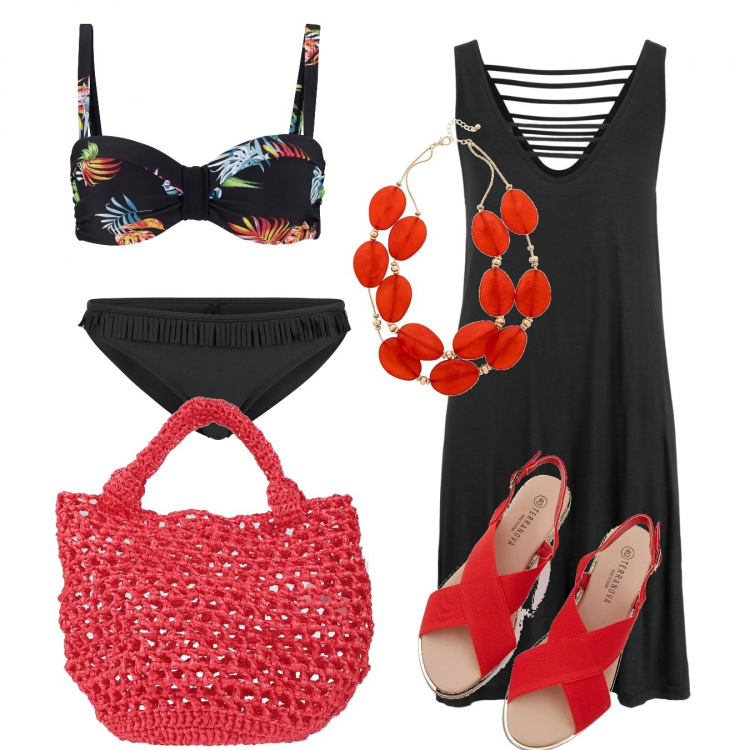 Outfit donna - Trendy #33065. Stile Trendy per Mare. Abbinamento con vestiti da spiaggia, bikini, bikini, collane, borsa a mano, sandali.