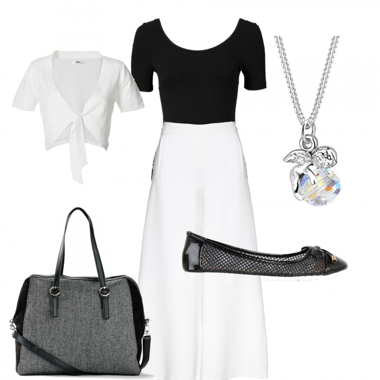 Outfit donna - BnW. Stile Basic per Ufficio. Abbinamento con body, borse a mano, pantaloni capri, bolero, sandali con tacco, collana.