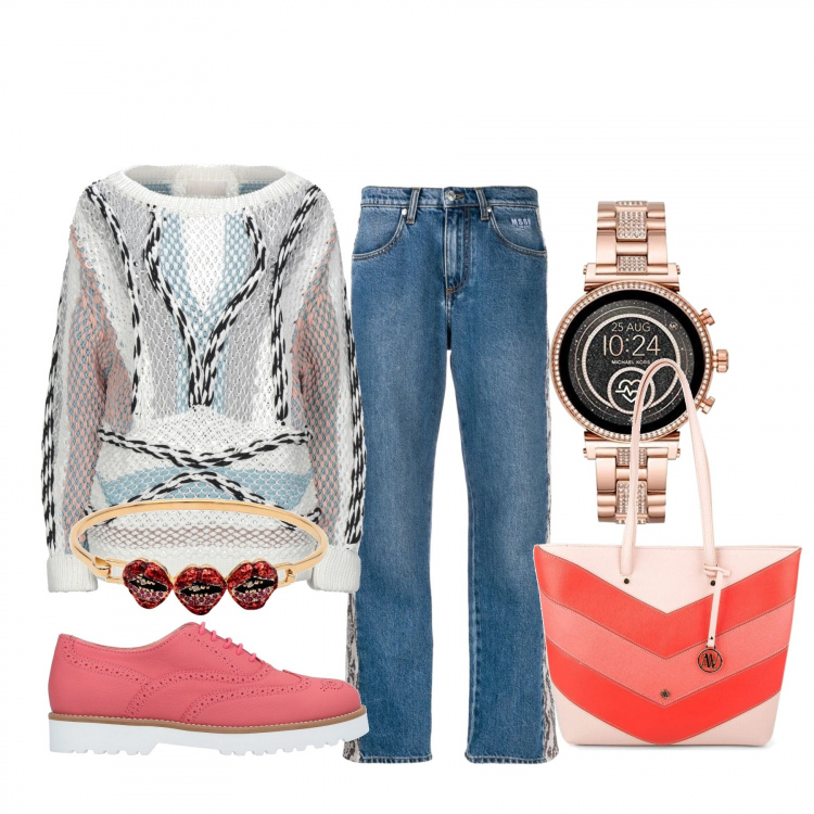 Outfit donna - Basic #20699. Stile Basic per Tutti i giorni. Abbinamento con scarpe stringate, pullovers, braccialetti, borsa a mano, jeans skinny, orologio.