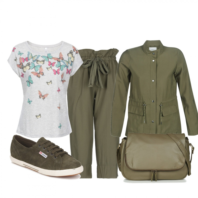 Outfit donna - Basic #20707. Stile Basic per Tutti i giorni. Abbinamento con pantalone capri, maglieria, sneakers, borsa a tracolla, parka.