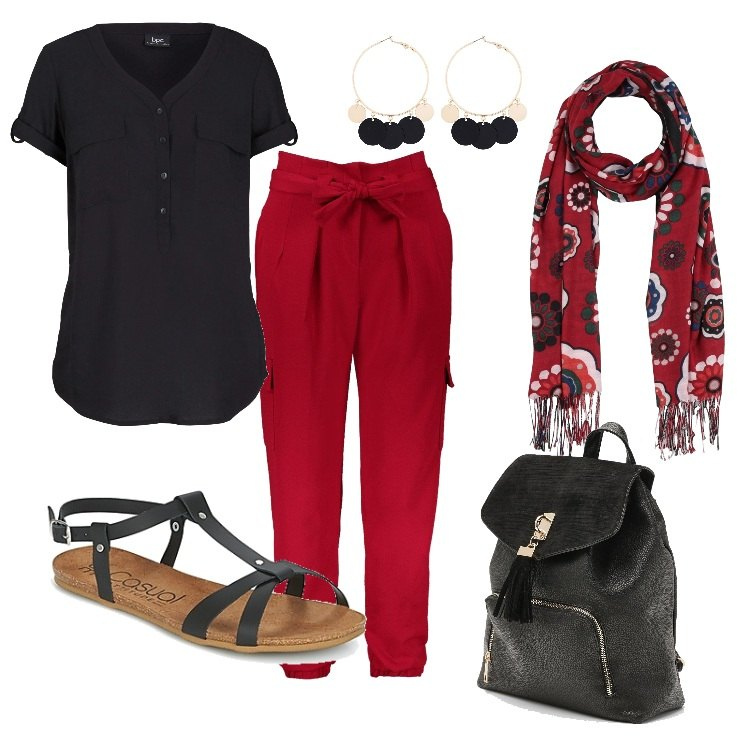 Outfit donna - Rosso e nero. Stile Basic per Tutti i giorni. Abbinamento con camicie a manica corta, orecchini, scaldacollo, pantalone cargo, zaini, sandali.