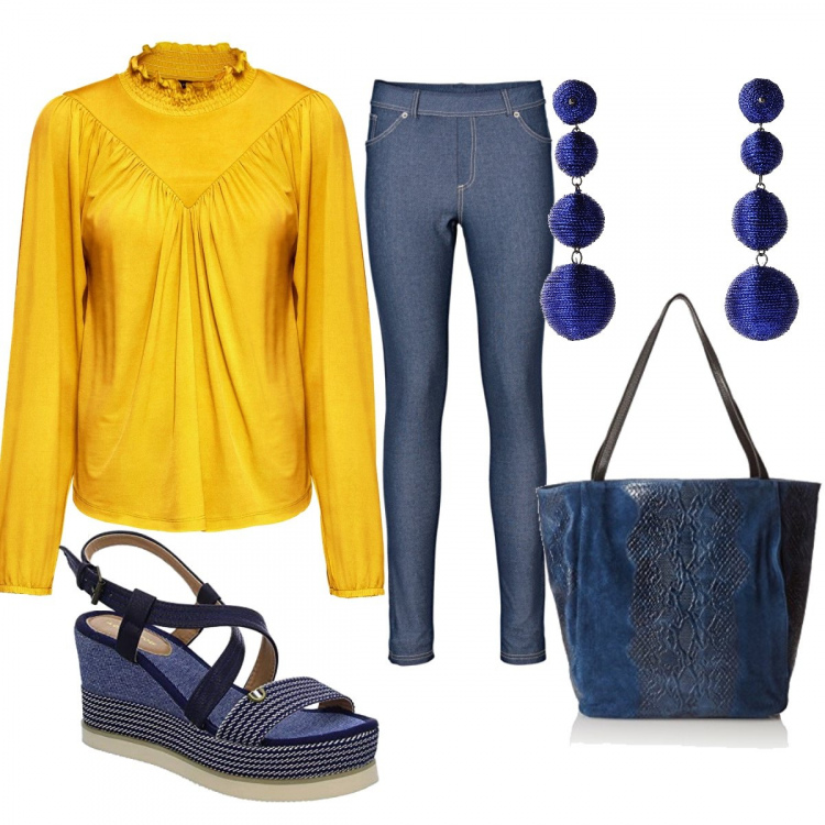 Outfit donna - Blusa gialla. Stile Trendy per Tutti i giorni. Abbinamento con jeggings, pullovers, orecchini, sandali, borsa a mano.