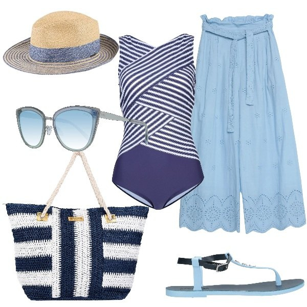 Outfit donna - Un pranzo in spiaggia. Stile Trendy per Mare. Abbinamento con costumi interi, pantaloni, infradito, borse a spalla, cappelli, occhiali da sole.