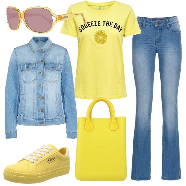 Outfit donna - Giallo e jeans. Stile Trendy per Tutti i giorni. Abbinamento con blazer, jeans bootcut, borse a mano, t-shirt, sneakers, occhiali da sole.