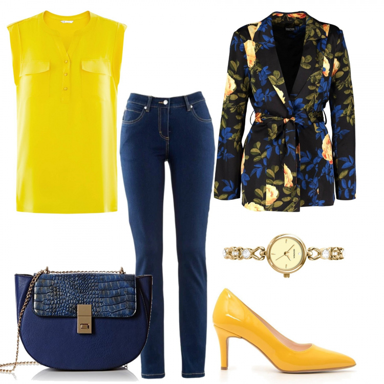 Outfit donna - Giallo e blu in ufficio. Stile Chic per Ufficio. Abbinamento con jeans dritti, blazer, camicie, décolleté, borse a tracolla, orologi.