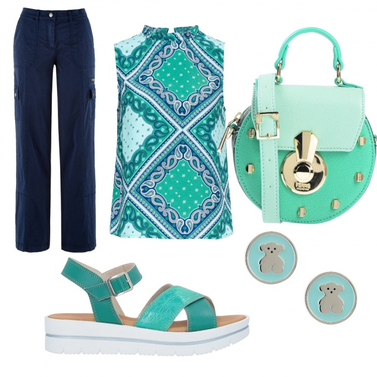 Outfit donna - Borsetta Ferrè. Stile Basic per Tutti i giorni. Abbinamento con pantaloni cargo, top, sandali col tacco, borse a mano, orecchini.