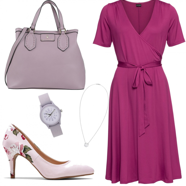 Outfit donna - In un ufficio con un tocco Floreale. Stile Basic per Ufficio. Abbinamento con borse a mano, orologi, reggiseni, décolleté, ciondoli.