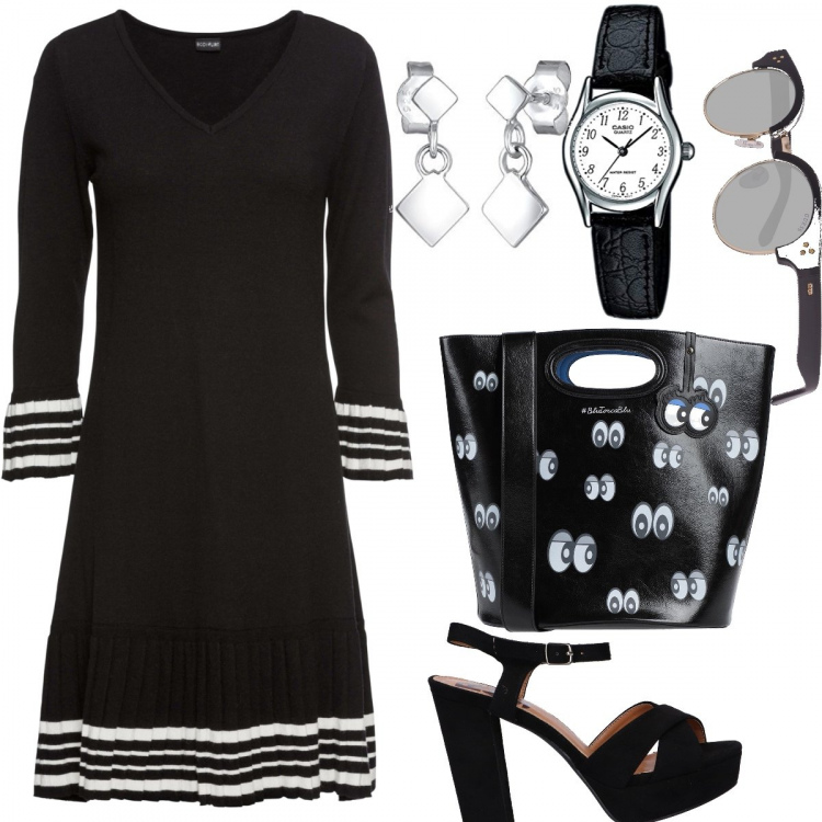 Outfit donna - B/N con brio. Stile Chic per Ufficio. Abbinamento con vestiti, borse a mano, sandali, orecchini, orologi analogici, occhiali da sole.