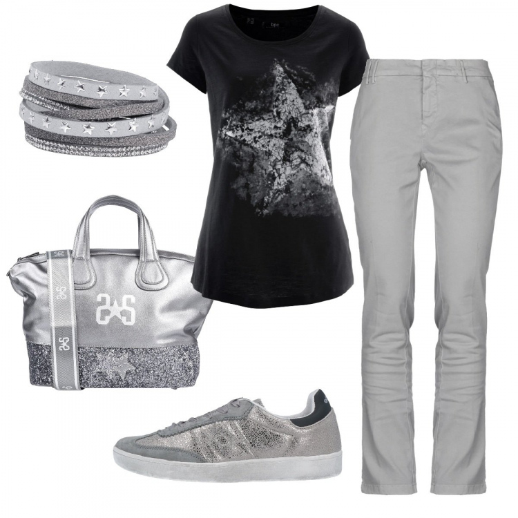 Outfit donna - Stelle d\'argento. Stile Basic per Tutti i giorni. Abbinamento con t-shirt, braccialetti, pantalone lungo, borsa a mano, sneakers.