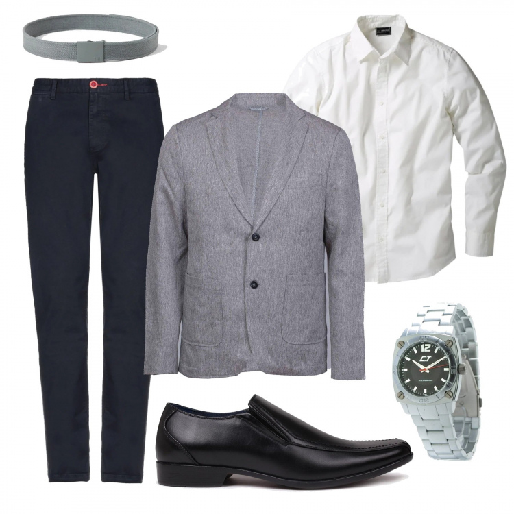 Outfit uomo - The grey blazer. Stile Business/Elegante per Ufficio. Abbinamento con camicie, pantalone lungo, cinture, abiti, scarpe stringate, orologi.