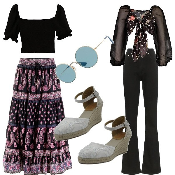 Outfit donna - Anni 70: Peace & Love. Stile Trendy per Tutti i giorni. Abbinamento con gonne lunghe, occhiali da sole, top, top, espadrillas, jeans.