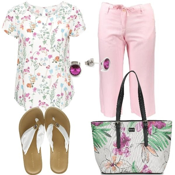 Outfit donna - Fiori estivi. Stile Trendy per Tutti i giorni. Abbinamento con bluse, borsa, pantaloni capri, sandali, orecchini.