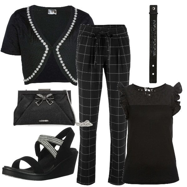 Outfit donna - Una serata nera. Stile Chic per Serata fuori. Abbinamento con t-shirt, pantalone lungo, pantaloni, braccialetti, pochette, sandali gioiello.