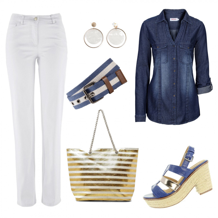 Outfit donna - Sabato pomeriggio in centro. Stile Urban per Tutti i giorni. Abbinamento con pantaloni, camicie, borse a mano, cinture, borsa, sandali.