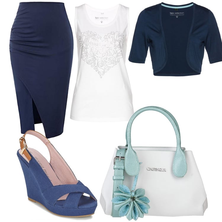 Outfit donna - Total look #574873. Abbinamento con borse a mano, blazer, top, sandali, gonna.