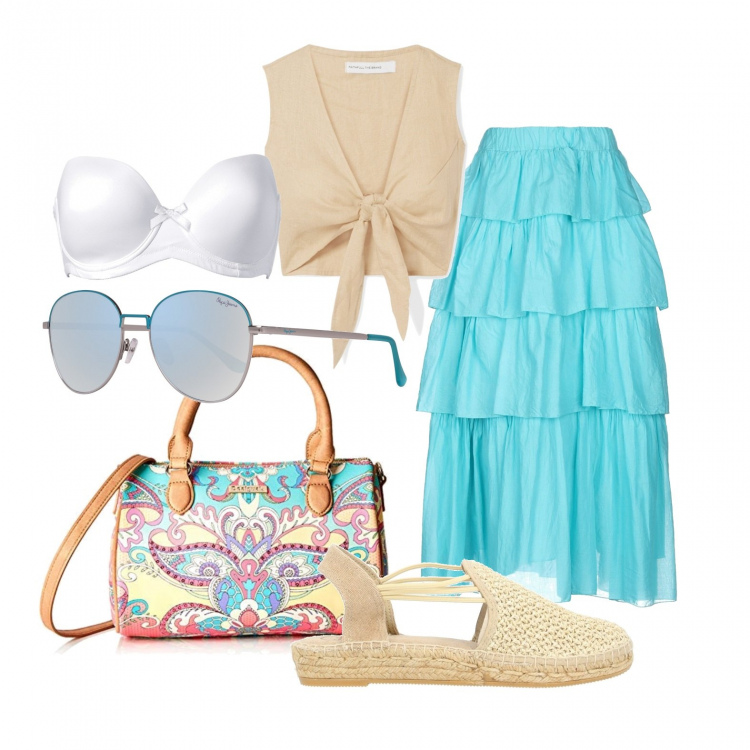 Outfit donna - La gonna turchese. Stile Urban per Tutti i giorni. Abbinamento con reggiseni, espadrillas, gonne lunghe, top, borse a mano, occhiali da sole.