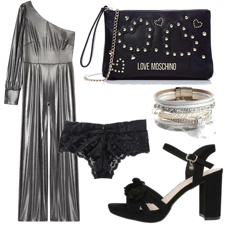 Outfit donna - Tuta monospalla. Stile Trendy per Serata fuori. Abbinamento con culotte, braccialetto, sandali, tute, borse a mano.