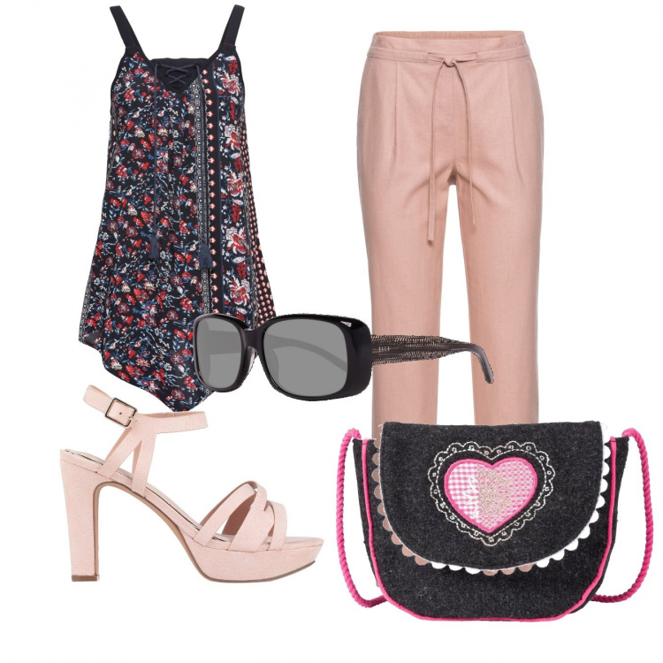 Outfit donna - Trendy #33862. Stile Trendy per Tutti i giorni. Abbinamento con pantaloni, top, borse a tracolla, sandali con tacco, occhiali da sole.