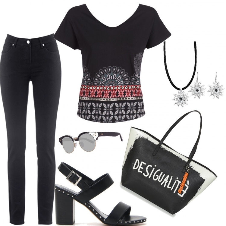 Outfit donna - Nero d’estate. Stile Trendy per Tutti i giorni. Abbinamento con jeans dritti, camicia a maniche corte, borsa a spalla, sandali, occhiali da sole.