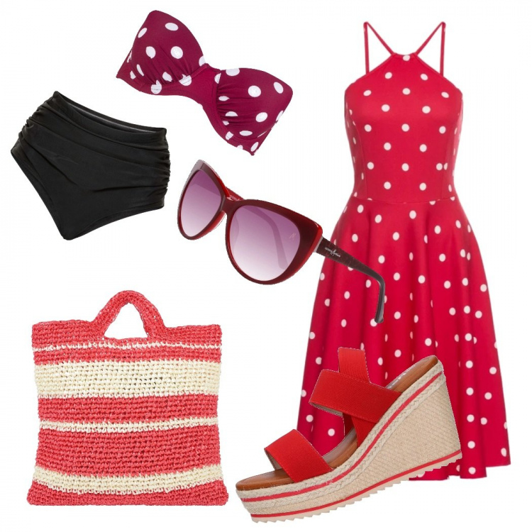 Outfit donna - Pois at the seaside. Stile Trendy per Mare. Abbinamento con culotte, vestito, bikini, borsa a mano, sandali, occhiali da sole.