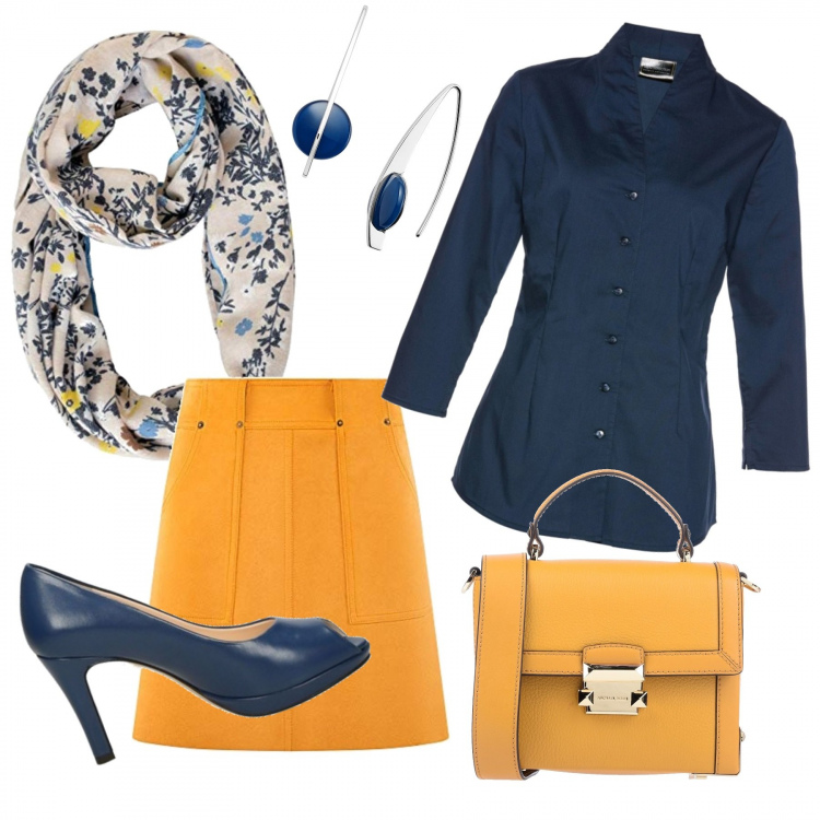 Outfit donna - La gonnellina gialla. Stile Basic per Ufficio. Abbinamento con orecchini, borsa a mano, camicie, décolleté, gonne, sciarpe.
