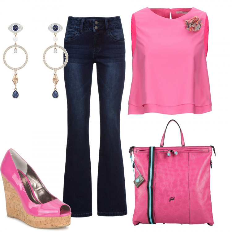 Outfit donna - Rosa Pink per tutte le età. Stile Trendy per Tutti i giorni. Abbinamento con jeans bootcut, top, borse a mano, sandali, orecchini.