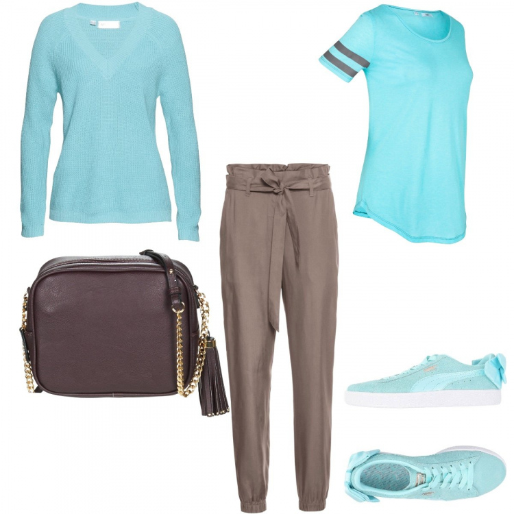 Outfit donna - #Mi vesto bene con poco. Stile Urban per Ufficio. Abbinamento con sneakers, canottiere, pantalone lungo, t-shirt sportive, borsa a tracolla.