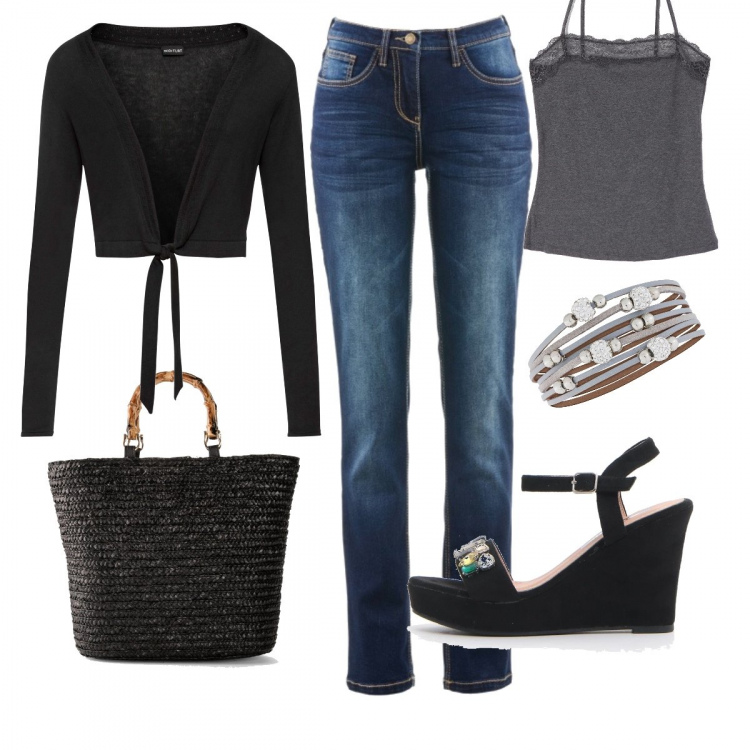 Outfit donna - Greta. Stile Basic per Tutti i giorni. Abbinamento con jeans dritti, maglieria, bolero, maglieria, top, sandali.