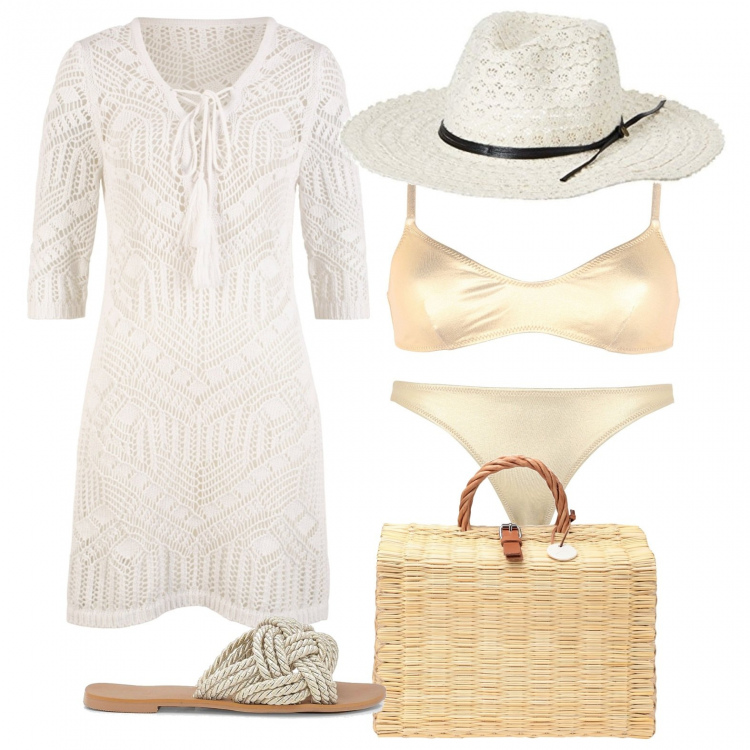 Outfit donna - Al mare. Stile Chic per Mare. Abbinamento con vestiti da spiaggia, bikini, slip, borse a mano, ciabatte, berretti.
