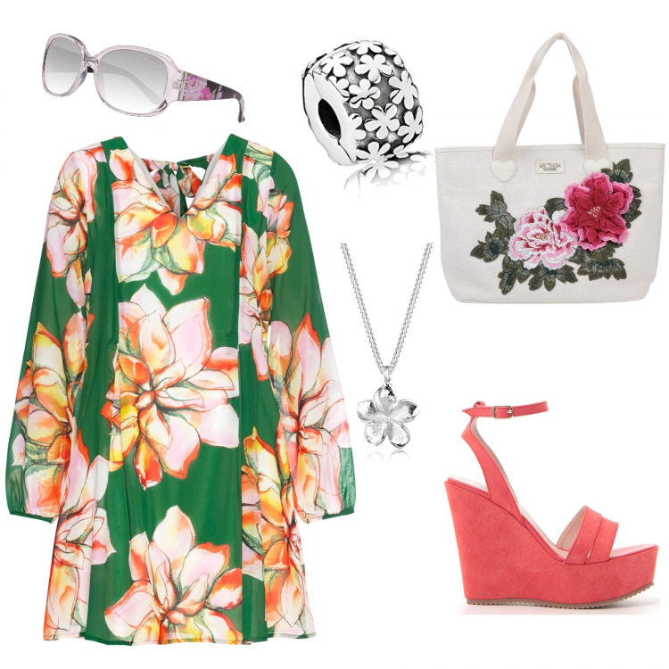 Outfit donna - Primavera addosso. Stile Trendy per Tutti i giorni. Abbinamento con vestiti, borse a mano, sandali, ciondoli, ciondoli, occhiali da sole.
