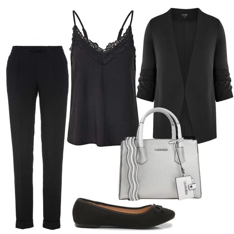 Outfit donna - In ufficio. Stile Basic per Ufficio. Abbinamento con pantaloni, borse a mano, ballerine, vestaglie, blazer.
