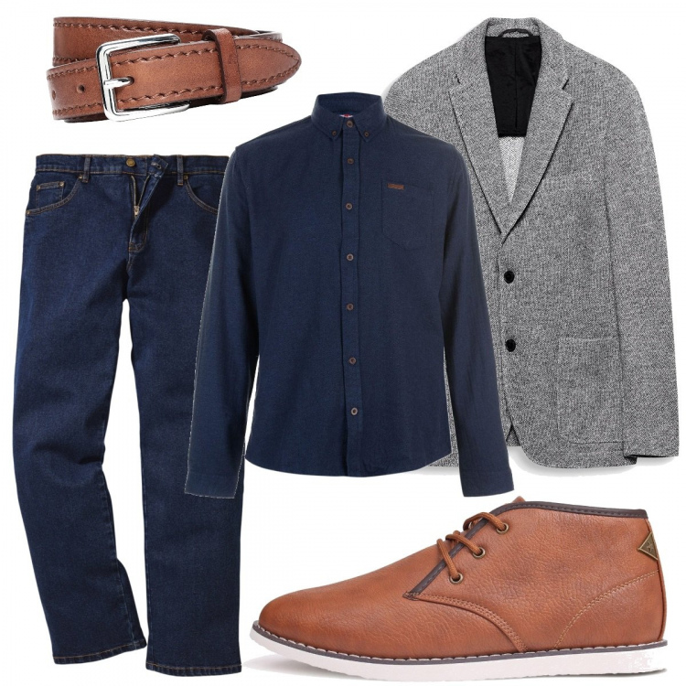 Outfit uomo - Venerdì casual. Stile Urban per Ufficio. Abbinamento con jeans dritti, cintura, stivaletti, blazer, camicia.