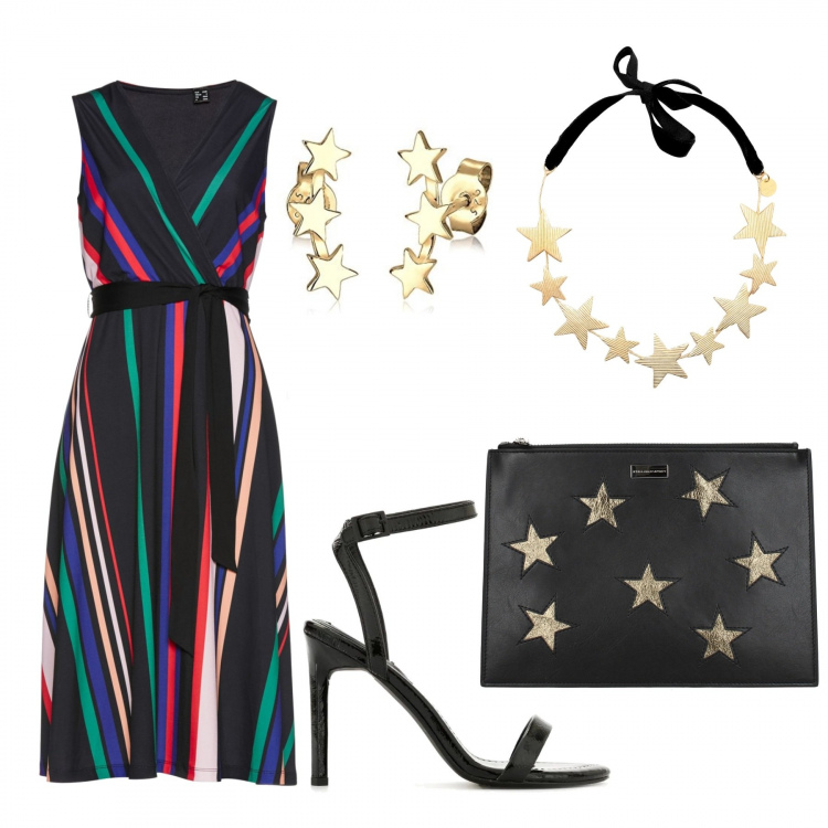 Outfit donna - Serata speciale curvy edition. Stile Chic per Serata fuori. Abbinamento con vestiti, collane, pochette, sandali in pelle, orecchini.
