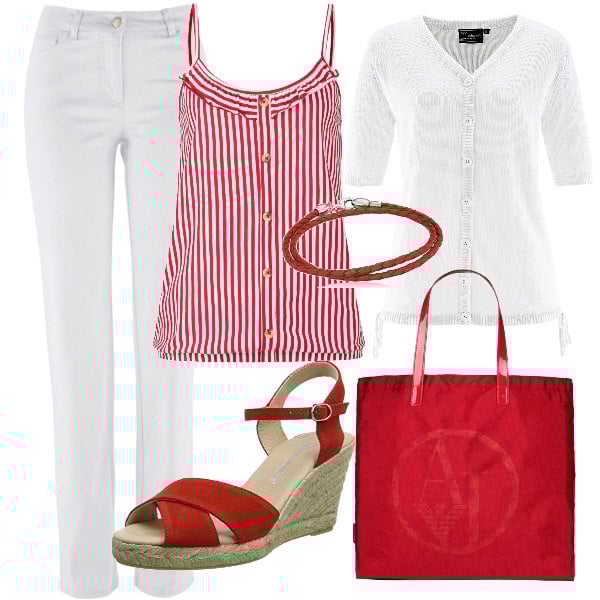 Outfit donna - Curvy in bianco e rosso. Stile Trendy per Ufficio. Abbinamento con pantaloni, top, cardigans, borse a mano, sandali, braccialetto.