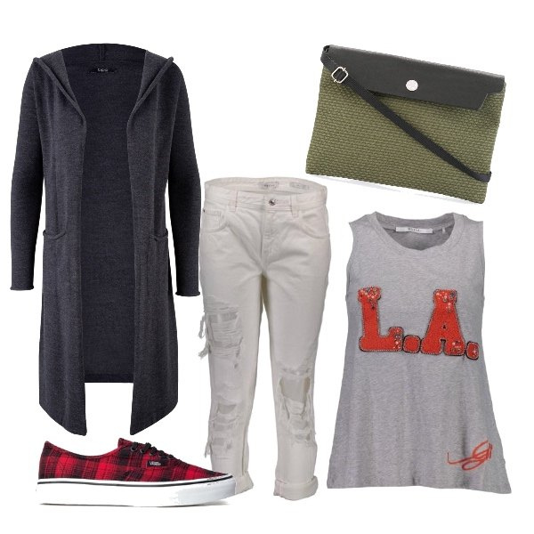 Outfit donna - Grunge. Stile Urban per Tutti i giorni. Abbinamento con cardigans, sneakers, borse, canottiere, jeans.