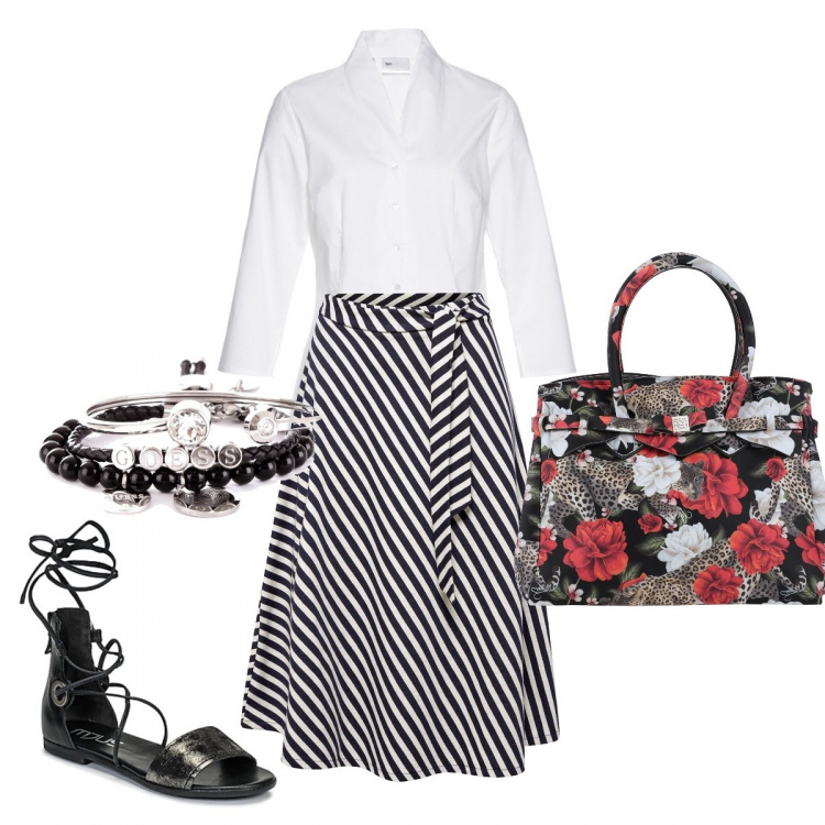 Outfit donna - Righe e fiori. Stile Trendy per Tutti i giorni. Abbinamento con camicie, borse a mano, braccialetti, sandali, gonne longuette.