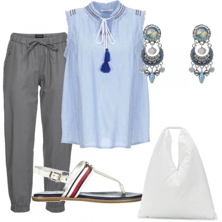 Outfit donna - Urban #13869. Stile Urban per Tutti i giorni. Abbinamento con pantaloni, top, orecchini, borse tote, sandali.