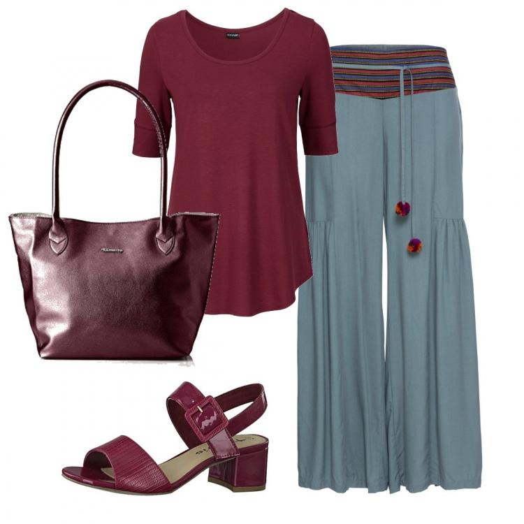 Outfit donna - Trendy #34262. Stile Trendy per Tutti i giorni. Abbinamento con maglieria, pantaloni, sandali, borse a secchiello.