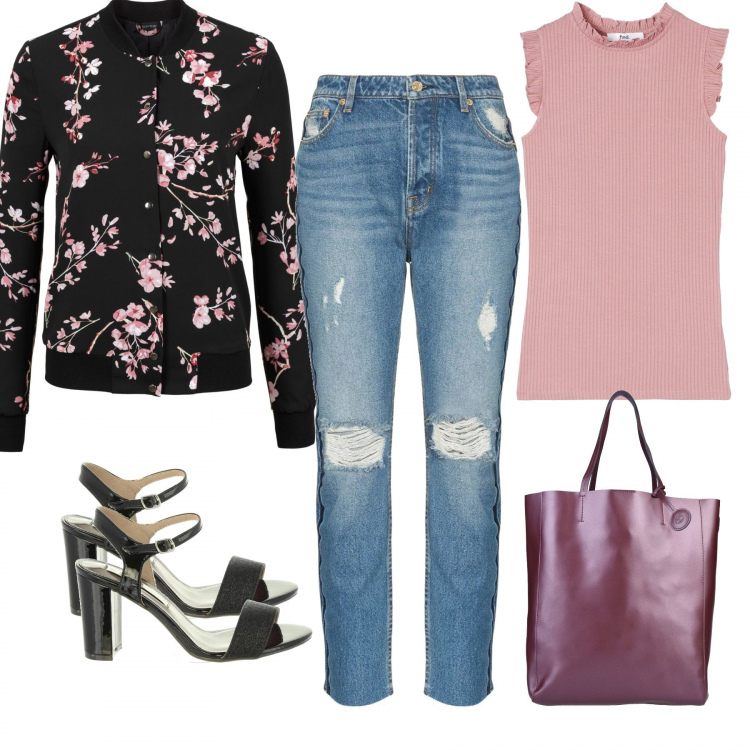 Outfit donna - Bomber con stampa floreale. Stile Trendy per Tutti i giorni. Abbinamento con bomber, borse a mano, jeans dritti, maglia, sandali.