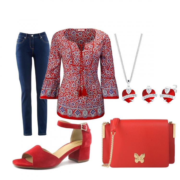 Outfit donna - Camiciola rossa. Stile Trendy per Tutti i giorni. Abbinamento con jeans dritti, borse a tracolla, sandali, top, collana in argento 925.