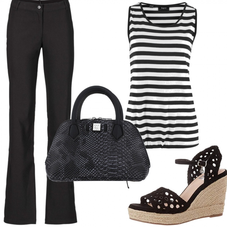 Outfit donna - Trendy #34348. Stile Trendy per Tutti i giorni. Abbinamento con pantaloni, top, borsa a mano, sandali.