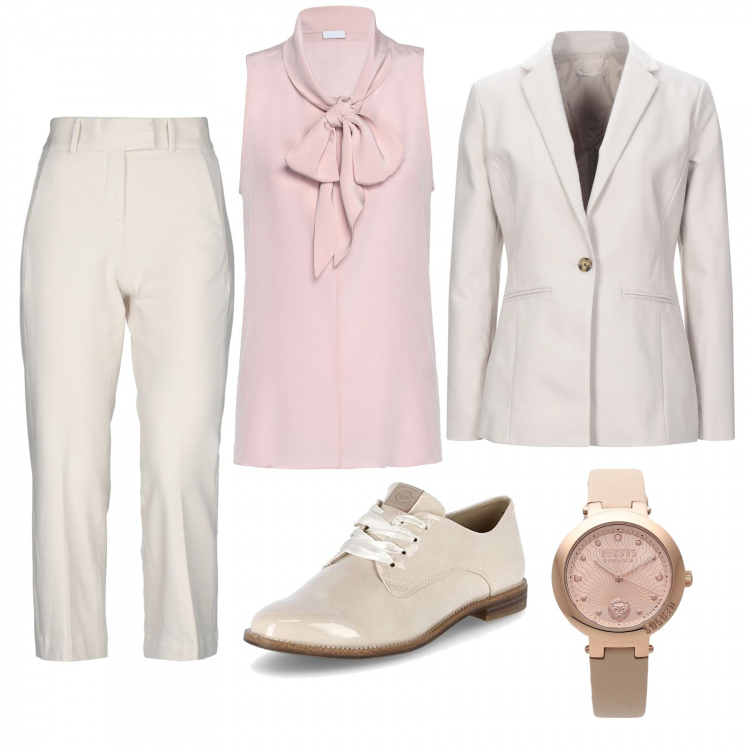 Outfit mujer - Female dandy. Estilo Trendy para Oficina. Combinación con zapatos con cordones, blazers, reloj, top, pantalones largos.