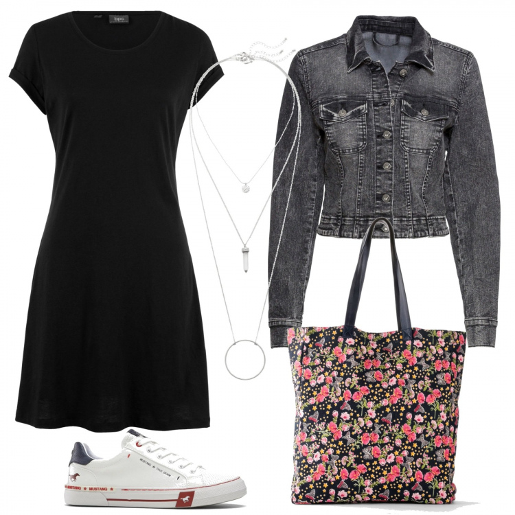 Outfit donna - Bonprix /Must have. Stile Basic per Tutti i giorni. Abbinamento con vestiti, ciondoli, giacca, shopping bag, sneakers.