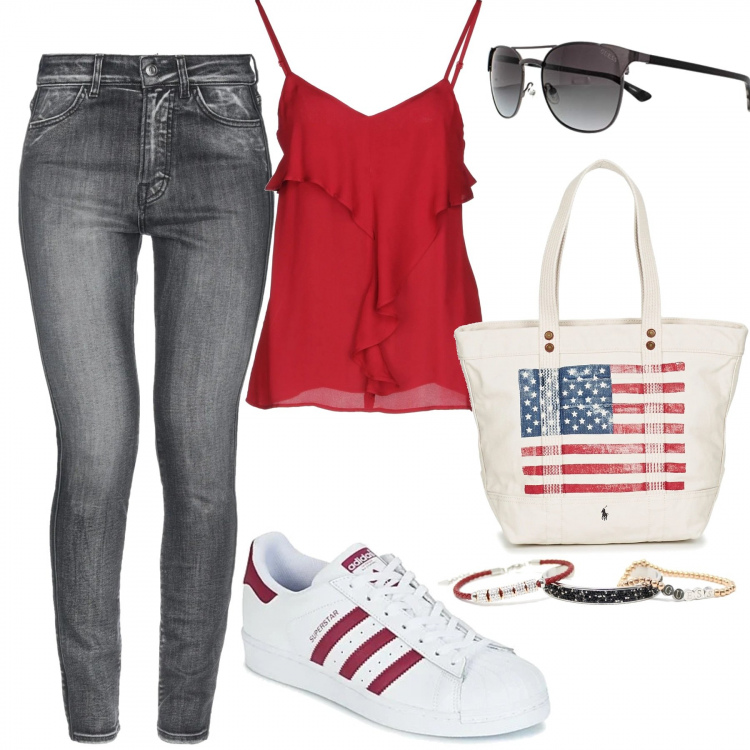 Outfit mujer - Sneakers y vaqueros. Estilo Trendy para Todos los días. Combinación con gafas de sol, pulseras, sneakers, bolso tote, top, vaqueros.