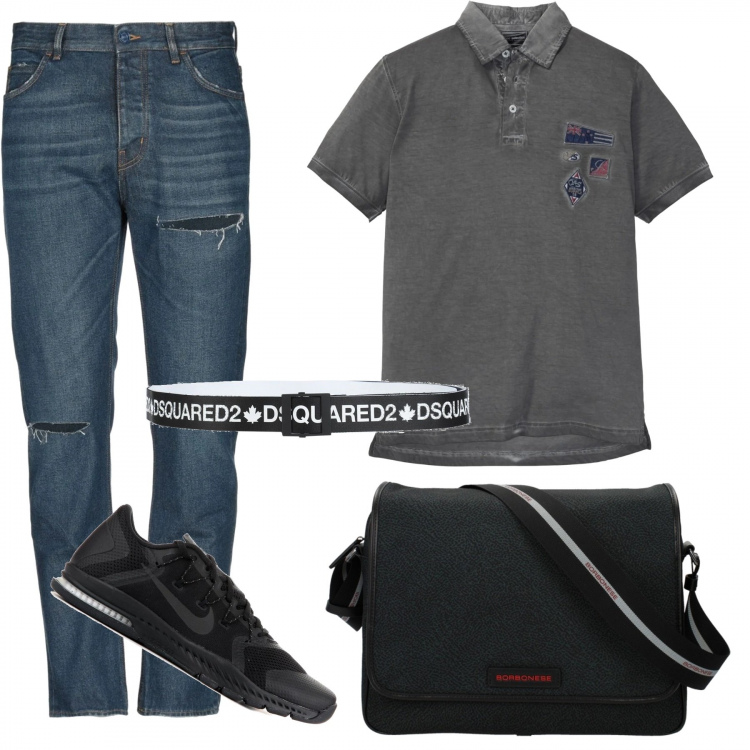 Outfit uomo - La polo trendy. Stile Trendy per Ufficio. Abbinamento con polo, cintura, jeans strappati, borsa a tracolla, sneakers.