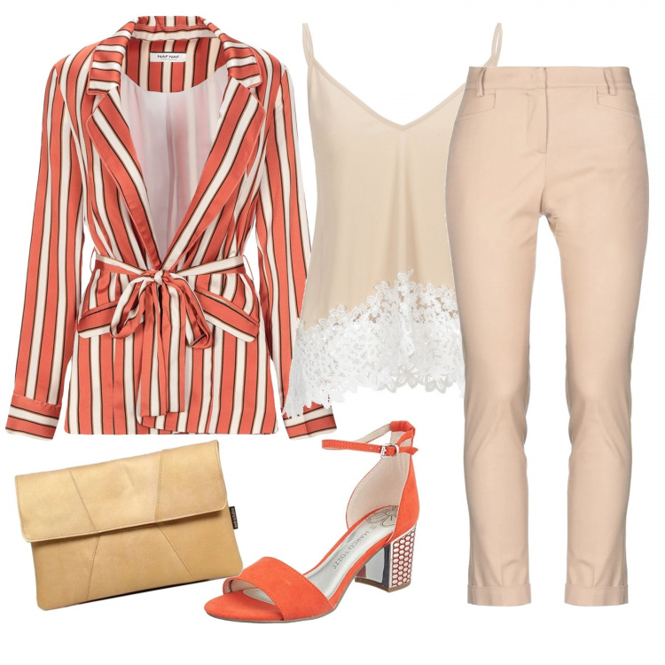 Outfit mujer - Rayas naranjas. Estilo Trendy para Noche/Fiesta elegante. Combinación con sandalias, bolso, chaqueta, camiseta, pantalones.