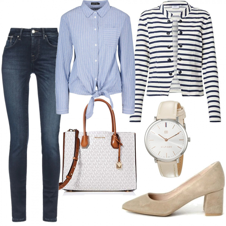 Outfit mujer - ¡A rayas!. Estilo Trendy para Oficina. Combinación con blazers, bolsos de mano, relojes analógicos, zapatos de tacón, camisa, vaqueros.