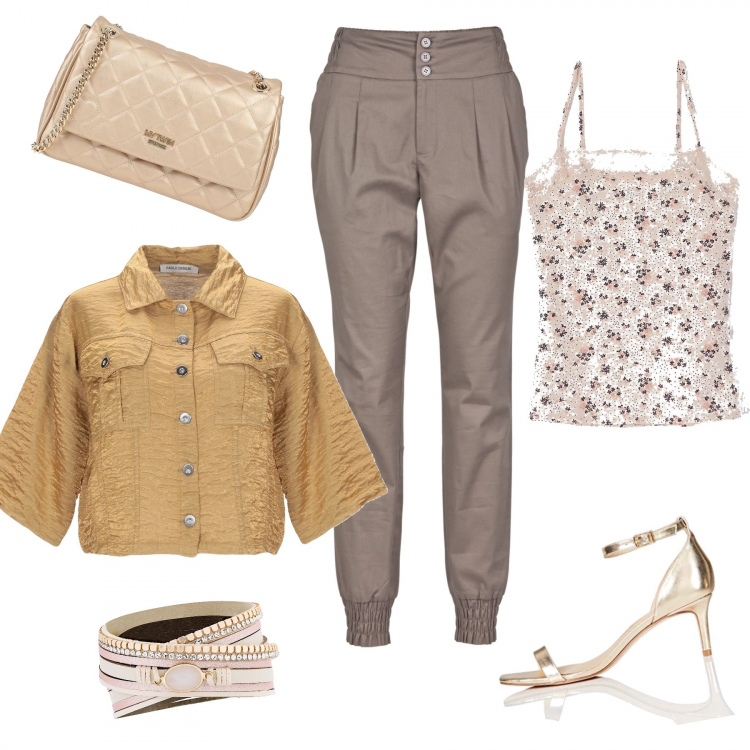 Outfit donna - Luccicante. Stile Chic per Serata fuori. Abbinamento con pantaloni, braccialetti, giubbotto, borse a spalla, top, sandali.