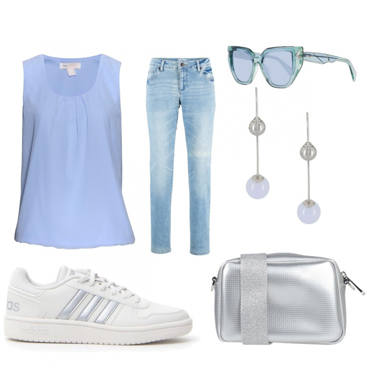 Outfit donna - Jeans e scarpa da ginnastica. Stile Basic per Tutti i giorni. Abbinamento con jeans dritti, top, borse a spalla, orecchini, occhiali da sole.